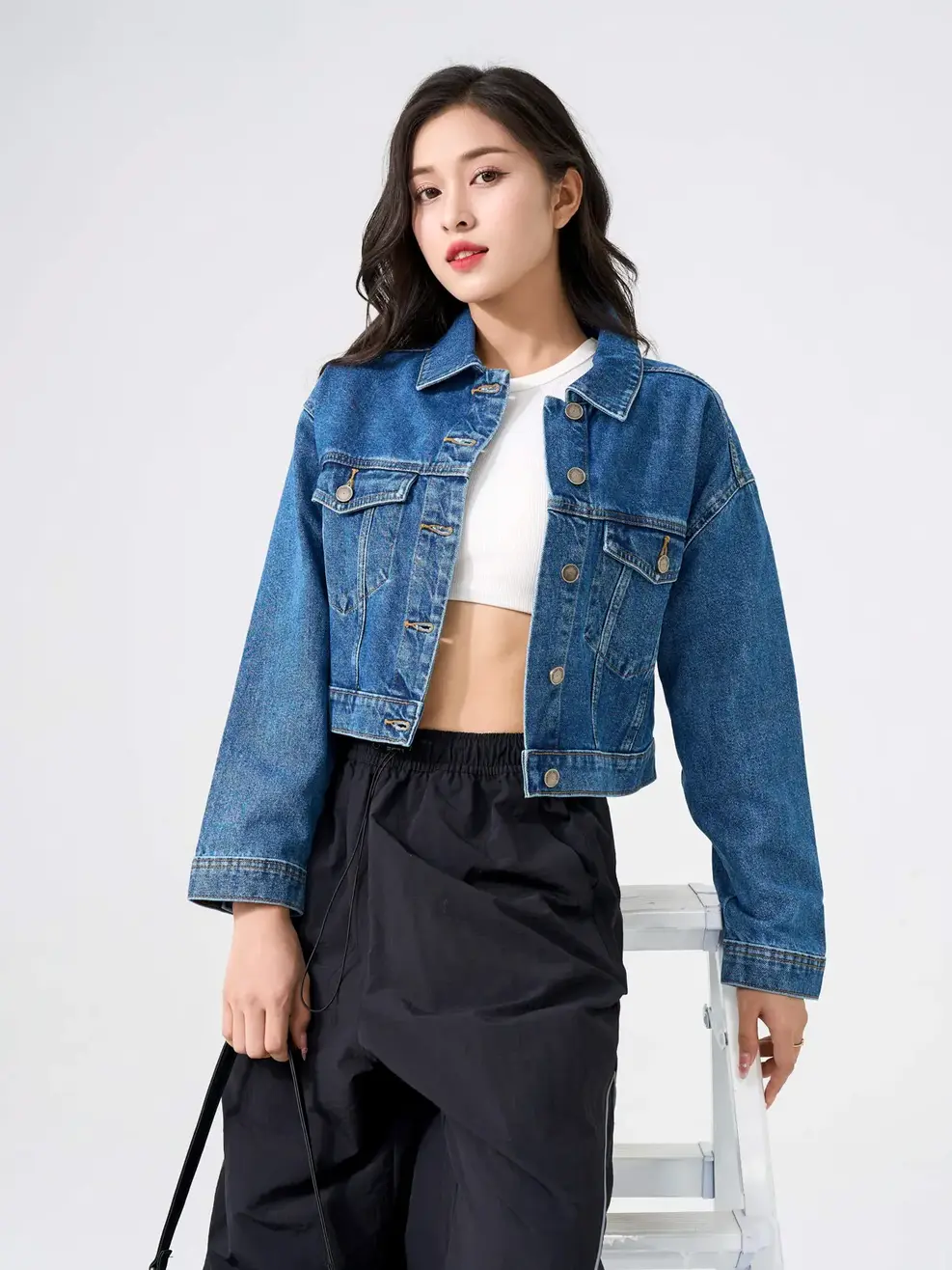 Áo Khoác Jeans Nữ Crop Cơ Bản - xanh trung - S