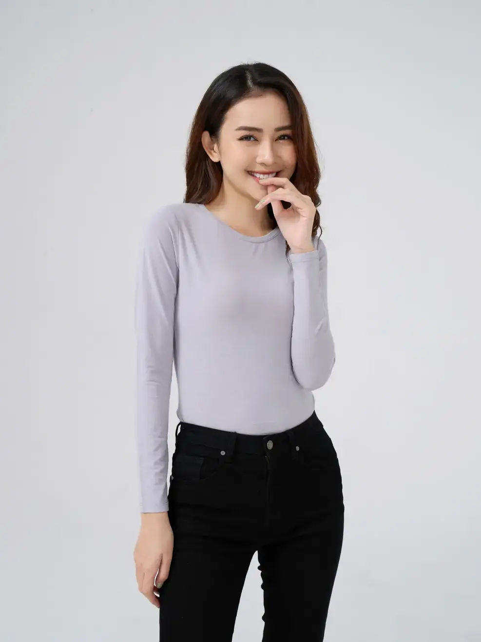 Áo giữ nhiệt nữ cổ tròn - Ghi - XL