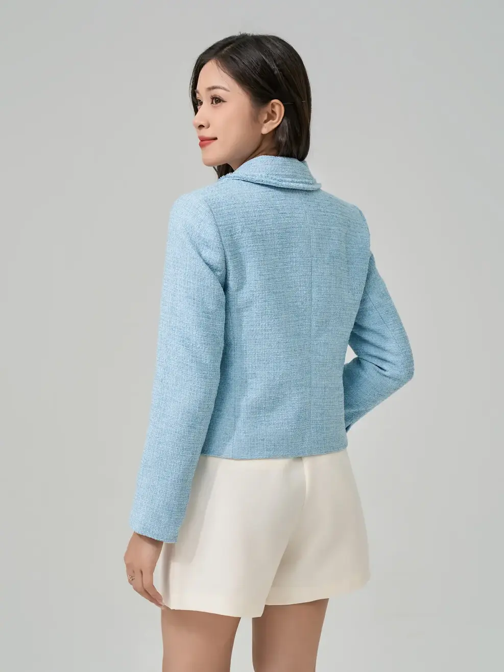 Áo Khoác Nữ Dạ Tweed Cổ Vest  - Xanh lơ - S