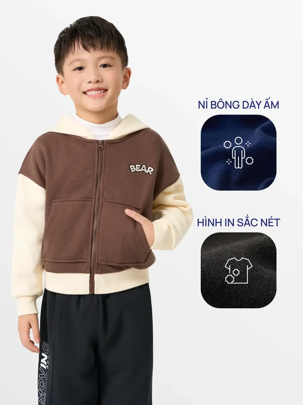 Áo Nỉ Mũ Kéo Khoá Bear - NÂU 093 - 104