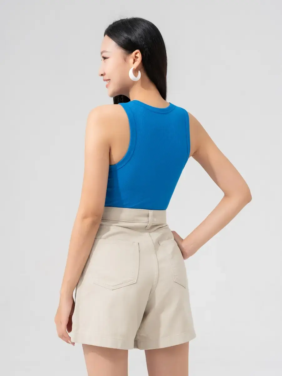 Áo 3 Lỗ Nữ Thun Rib Tăm Nhỏ Dáng Ngắn - Xanh dương - S