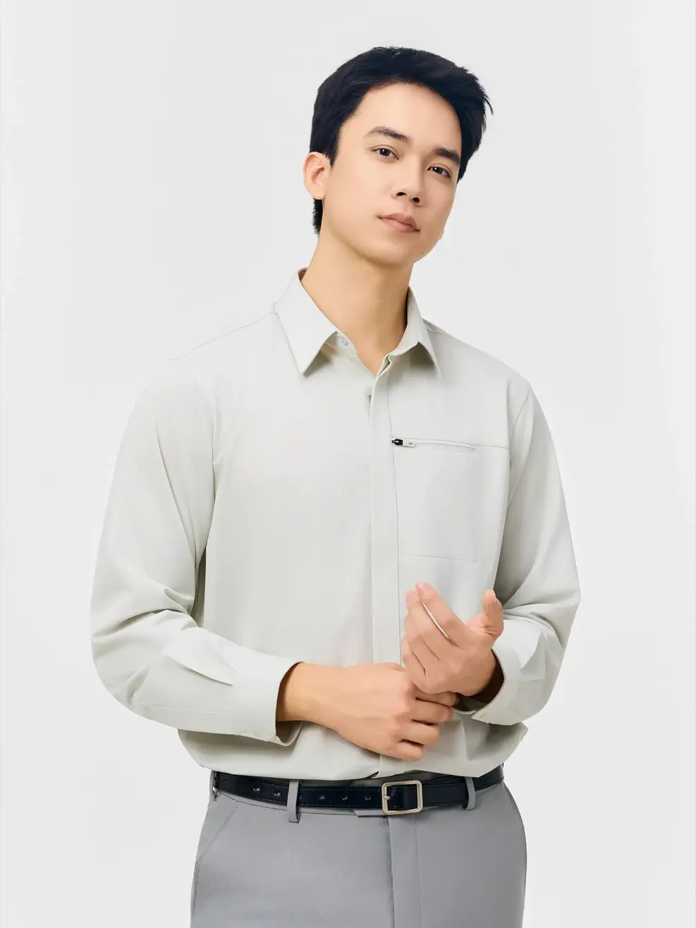 Áo Sơ-mi Nam Dài Tay Cao Cấp Túi Khóa Ngực - Xám 001 - M