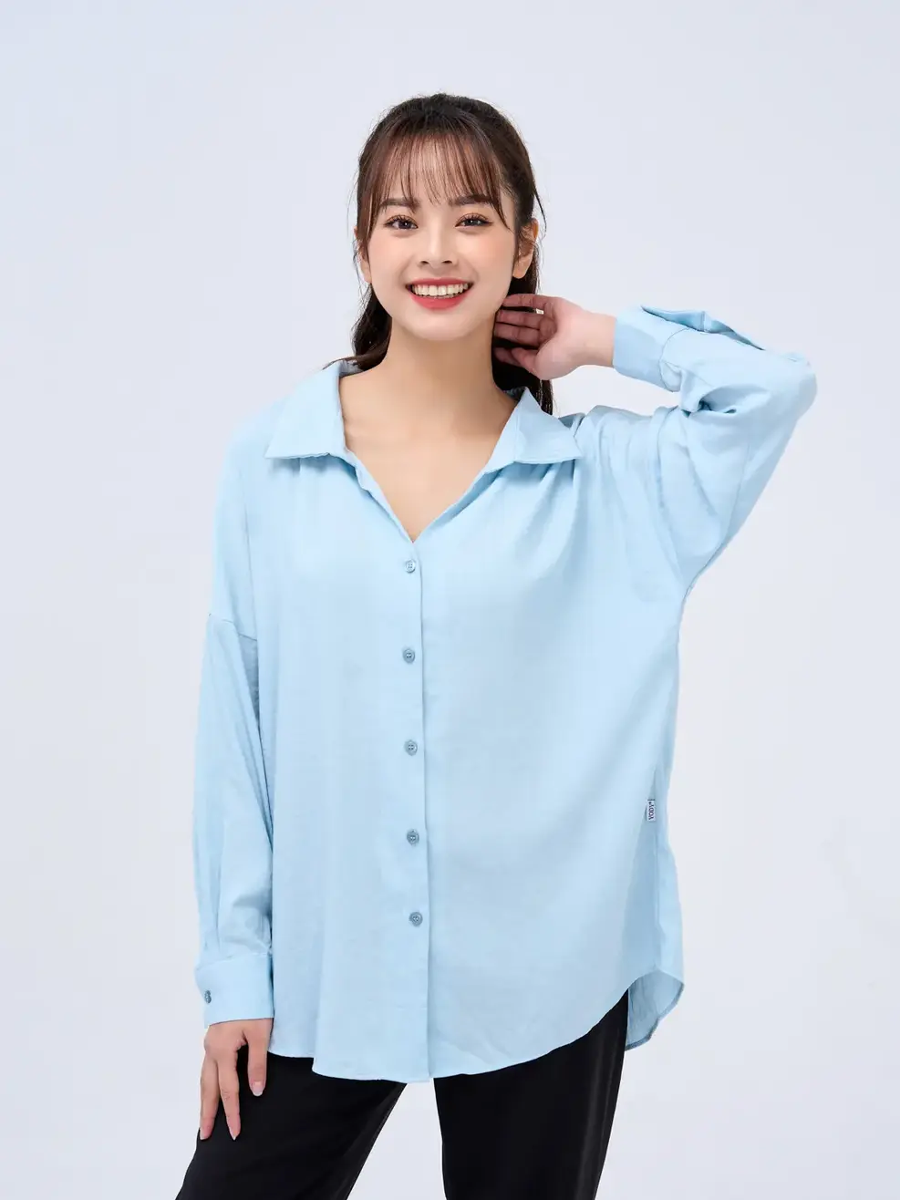 Sơ mi dài tay nữ suông cổ trễ - Xanh - L