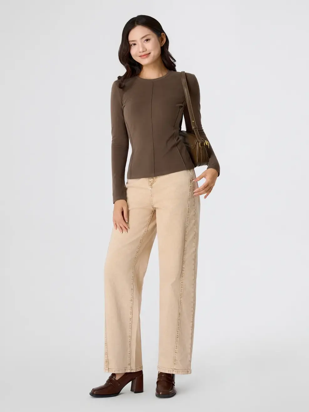 Áo Phông Dài Tay Dáng Ôm Cổ Tròn - Nâu 123 - S