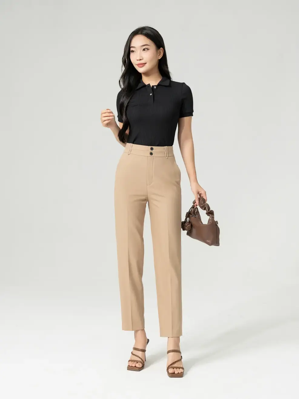 Quần Tây Nữ Cạp Kép Đỉa Trang Trí - Nâu be - M