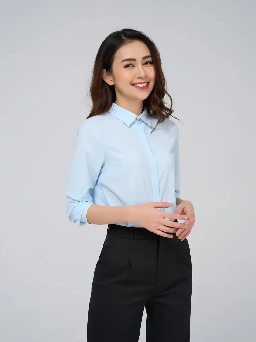 Sơ mi dài tay nữ nano office - Xanh - S