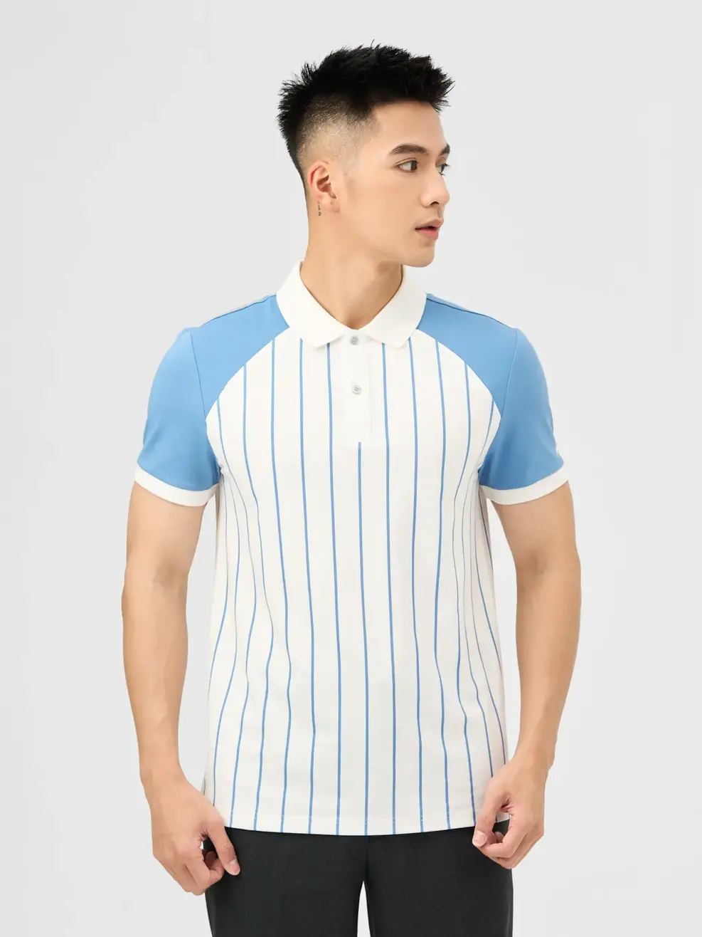 Áo Polo Nam Mắt Chim Raglan In Tràn Kẻ - Xanh - M