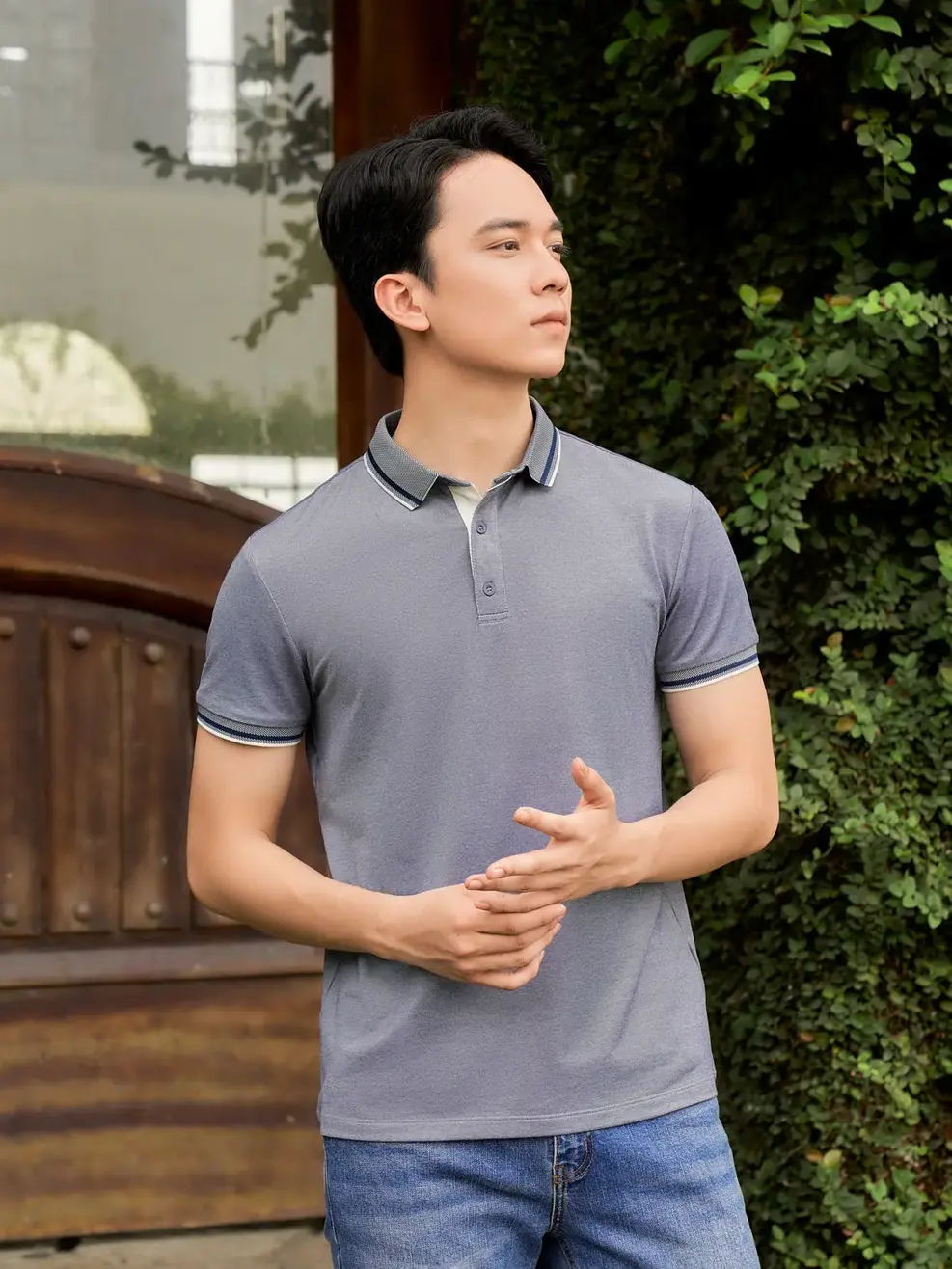 Áo polo nam mắt chim Melange phối nẹp - Navy - L