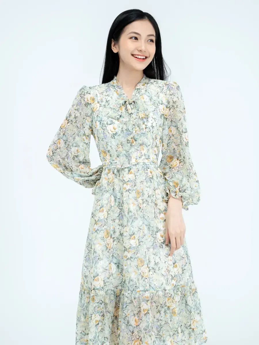 Đầm hoa nhí cổ buộc nơ - Xanh - S