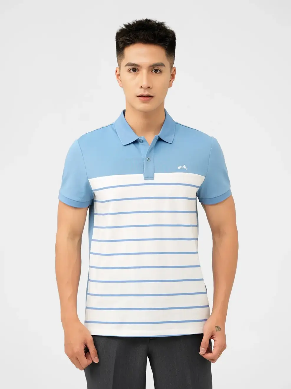 Áo Polo Nam Mắt Chim Phối Màu In Kẻ - Xanh - M