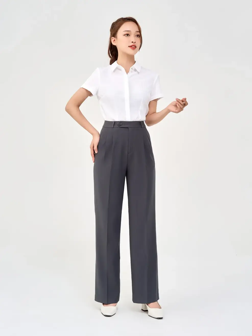 Quần Tây Nữ Ống Đứng Chun Cạp Sau - Ghi Đậm - S