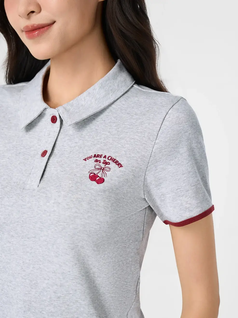 Áo Polo Nữ Crop Top Thêu Cherry - Phối Màu Xám 157 - S
