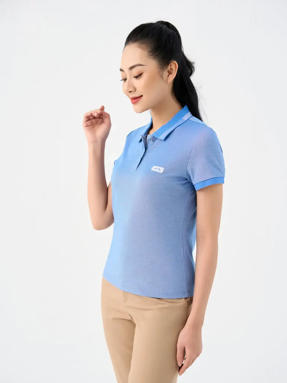 Polo nữ mắt chim phối bo - Xanh dương - S