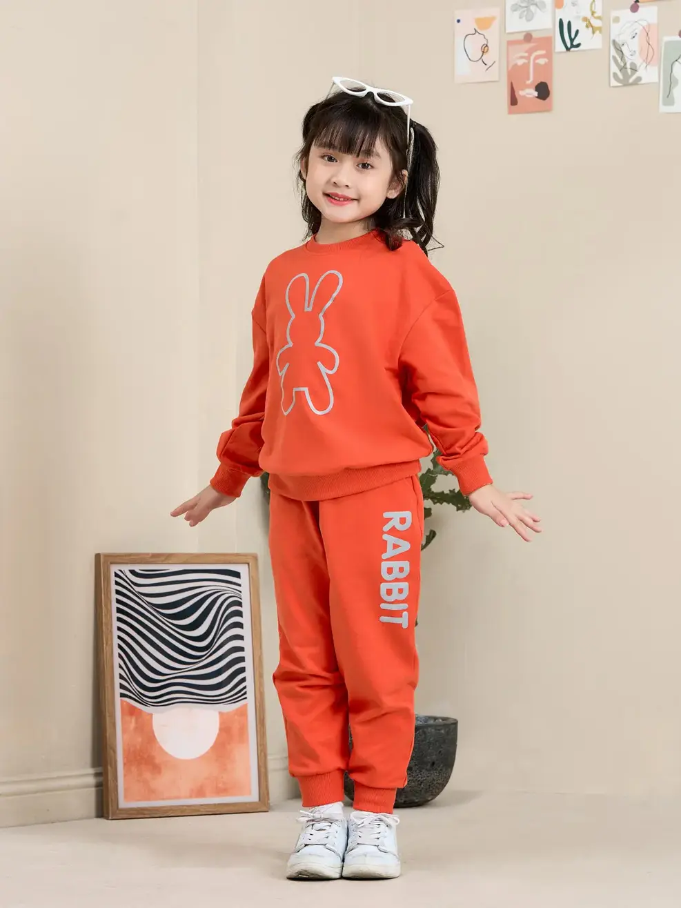 Bộ đồ kid in thỏ - Đỏ cam - 2