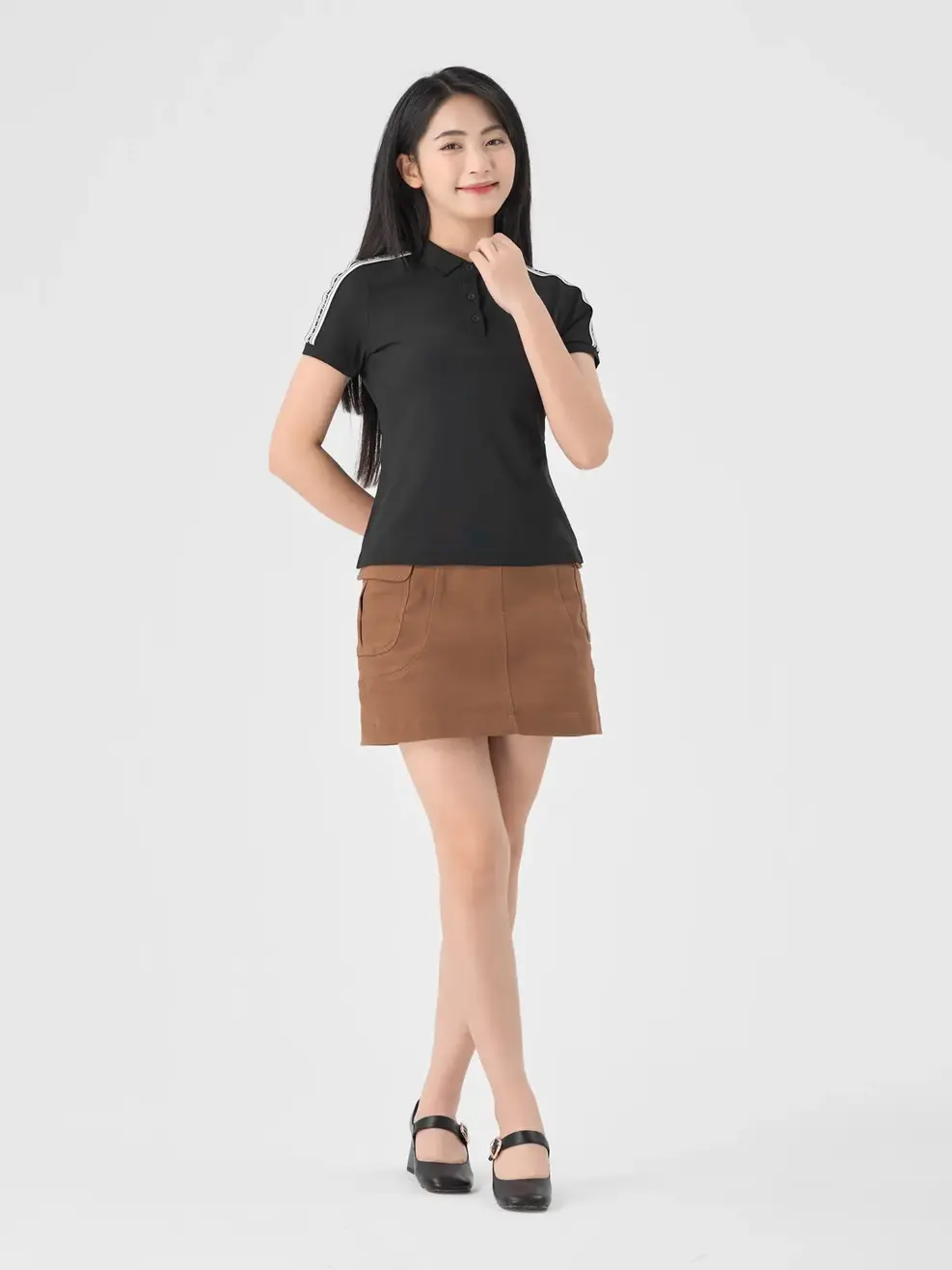 Polo Nữ Cafe Dệt Tổ Ong Phối Dây Dệt - Đen - S