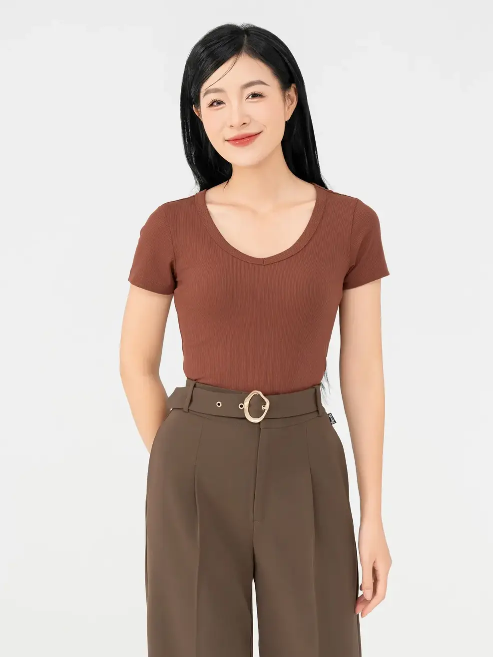 Áo Phông Nữ Thun Rib Cổ Tim - Nâu - S