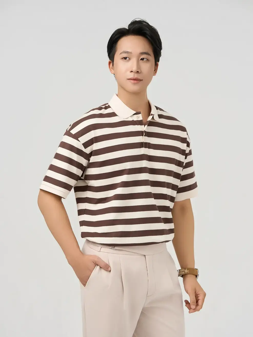 Áo Polo Nam Hoạ Tiết Kẻ - Kẻ Nâu Be - M