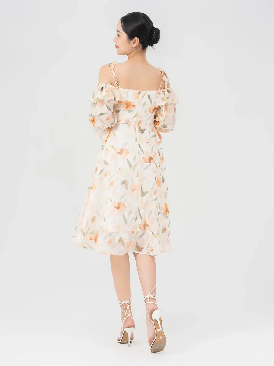 Váy Nữ Hoa Xoè Trễ Vai - Cam - S