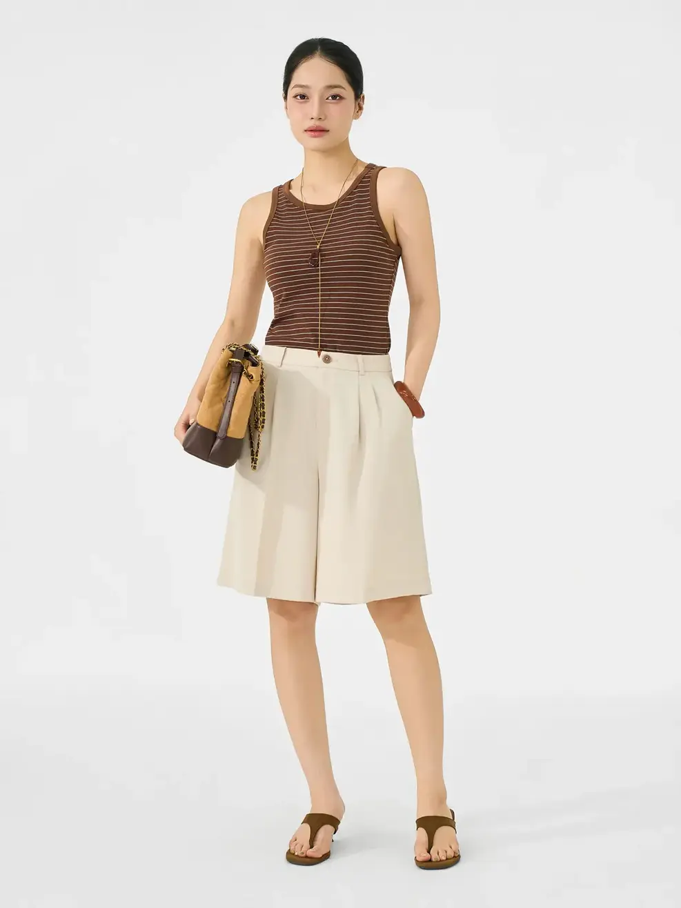 Áo Ba Lỗ Nữ Đệm Ngực Liền - Kẻ Nâu 128 - S