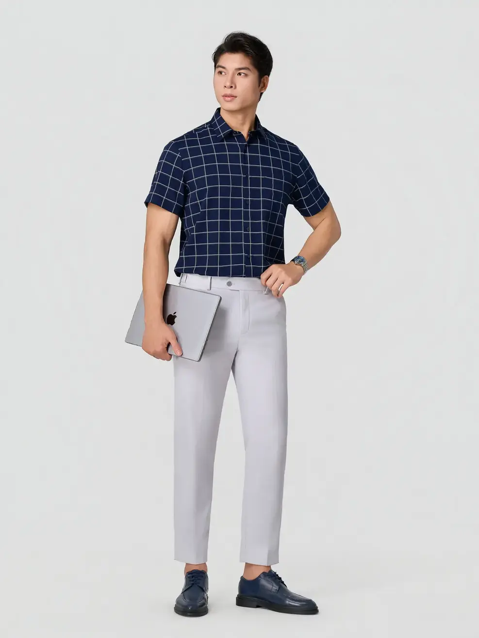 Áo Sơ-mi Ngắn Tay kẻ caro vạt ngang Regular - Kẻ Tím Than 126 - M