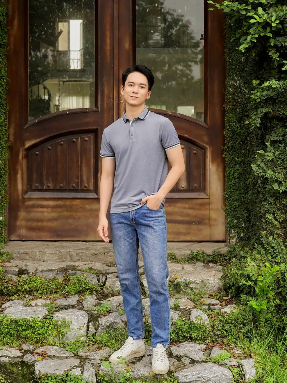 Áo polo nam mắt chim Melange phối nẹp - Navy - L