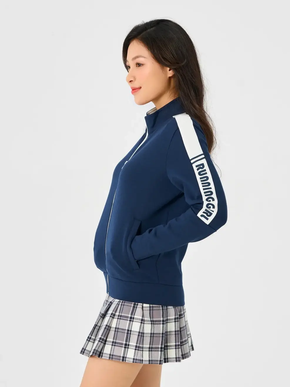 Áo Khoác Nỉ Thể Thao Nữ Cổ Dựng Phối Tay - Tím than - S