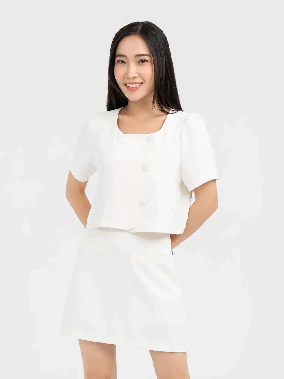 Set Nữ Áo Cổ Vuông, Chân Váy Chữ A - Trắng - S