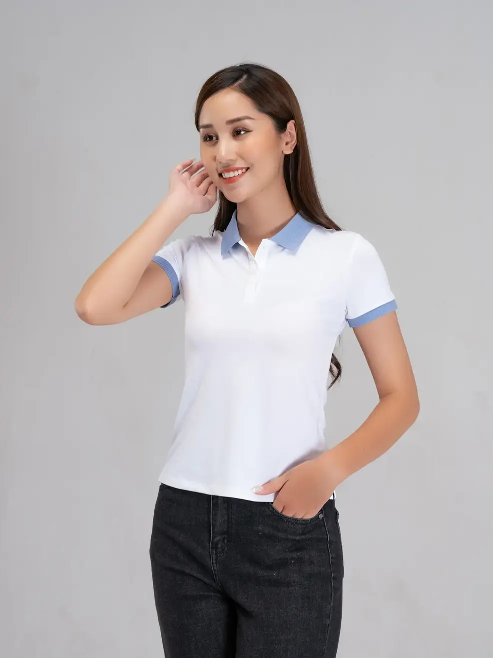 Polo nữ coolmax phối bo - Trắng xanh lơ - L