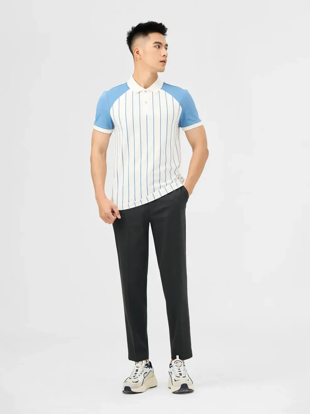 Áo Polo Nam Mắt Chim Raglan In Tràn Kẻ - Xanh - M