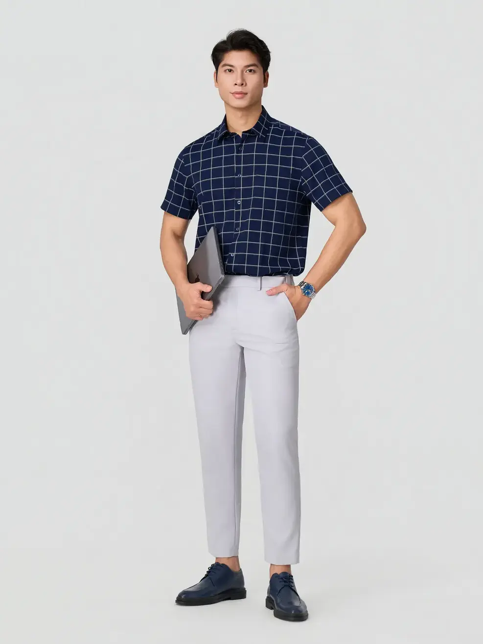 Áo Sơ-mi Ngắn Tay kẻ caro vạt ngang Regular - Kẻ Tím Than 126 - M