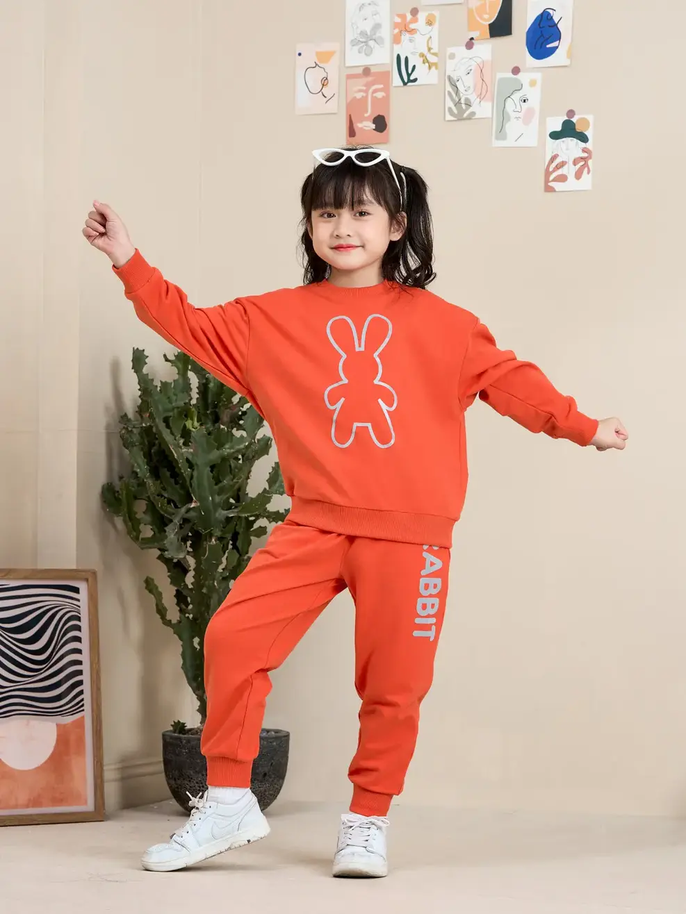Bộ đồ kid in thỏ - Đỏ cam - 2