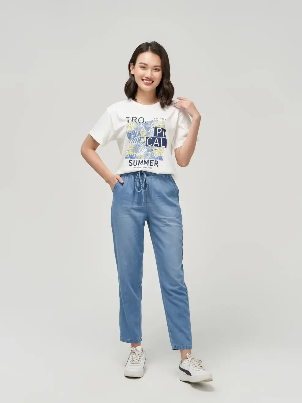 Quần Jean baggy cạp chun - Xanh - 27