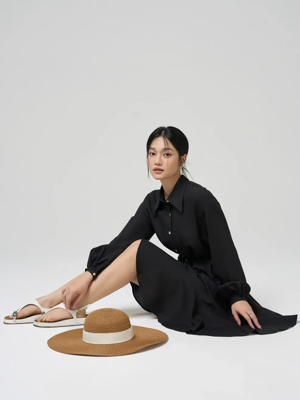 Váy Liền Cổ Đức Đai Eo Xòe Tâng 2 - Đen 001 - M