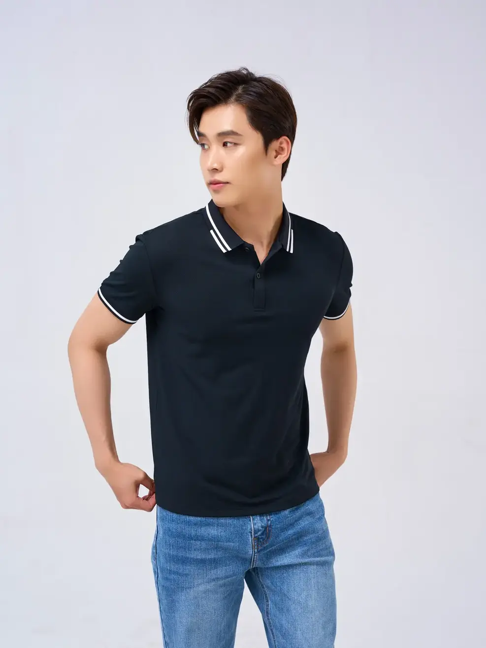 Polo nam café bo kẻ to - Đen - M