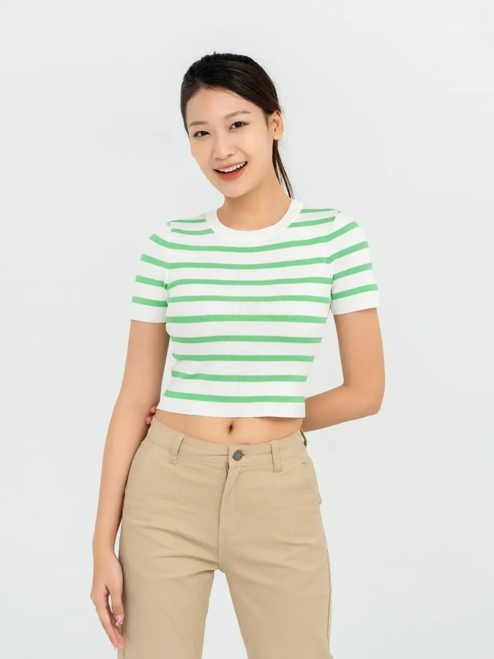 Áo Len Nữ Ngắn Tay Dệt Kẻ - Trắng kẻ xanh - S