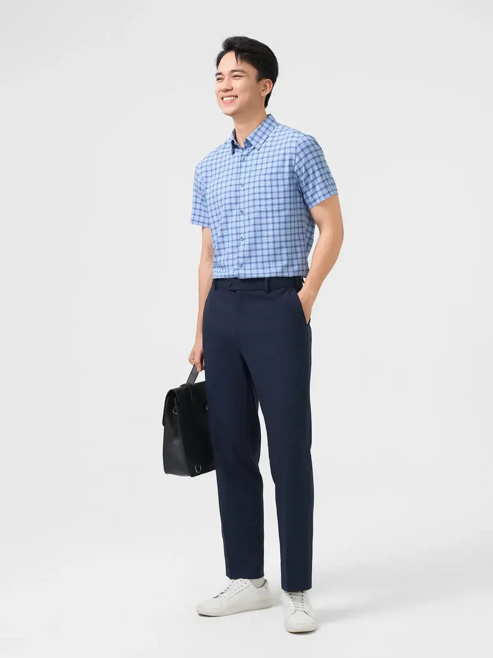 Sơ Mi Cộc Tay Nam Nano Kẻ Caro Túi Ngực - Xanh - M
