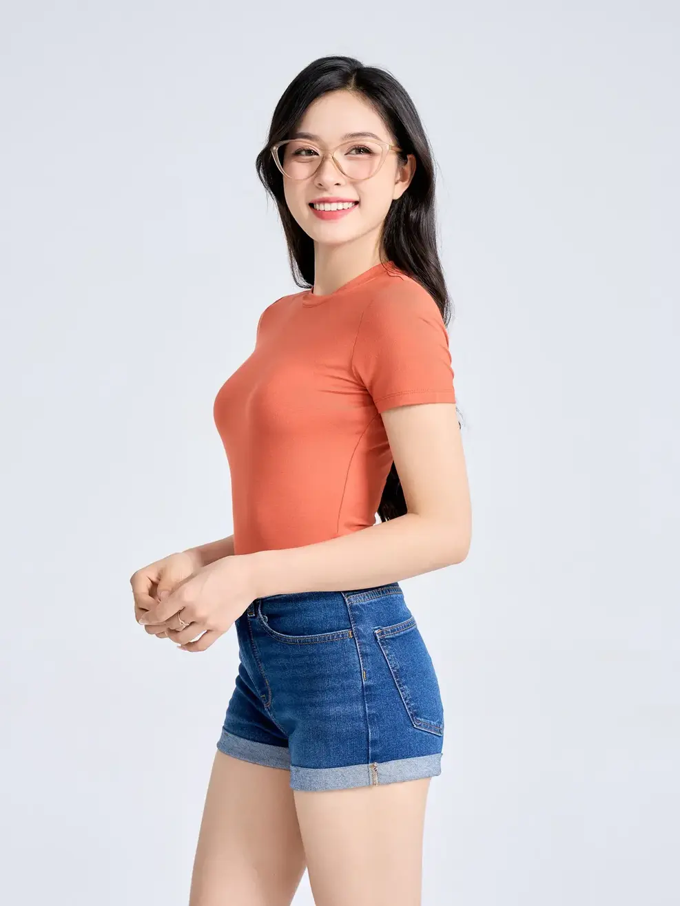 T-shirt Nữ Ôm Cổ Cao - Cam - S