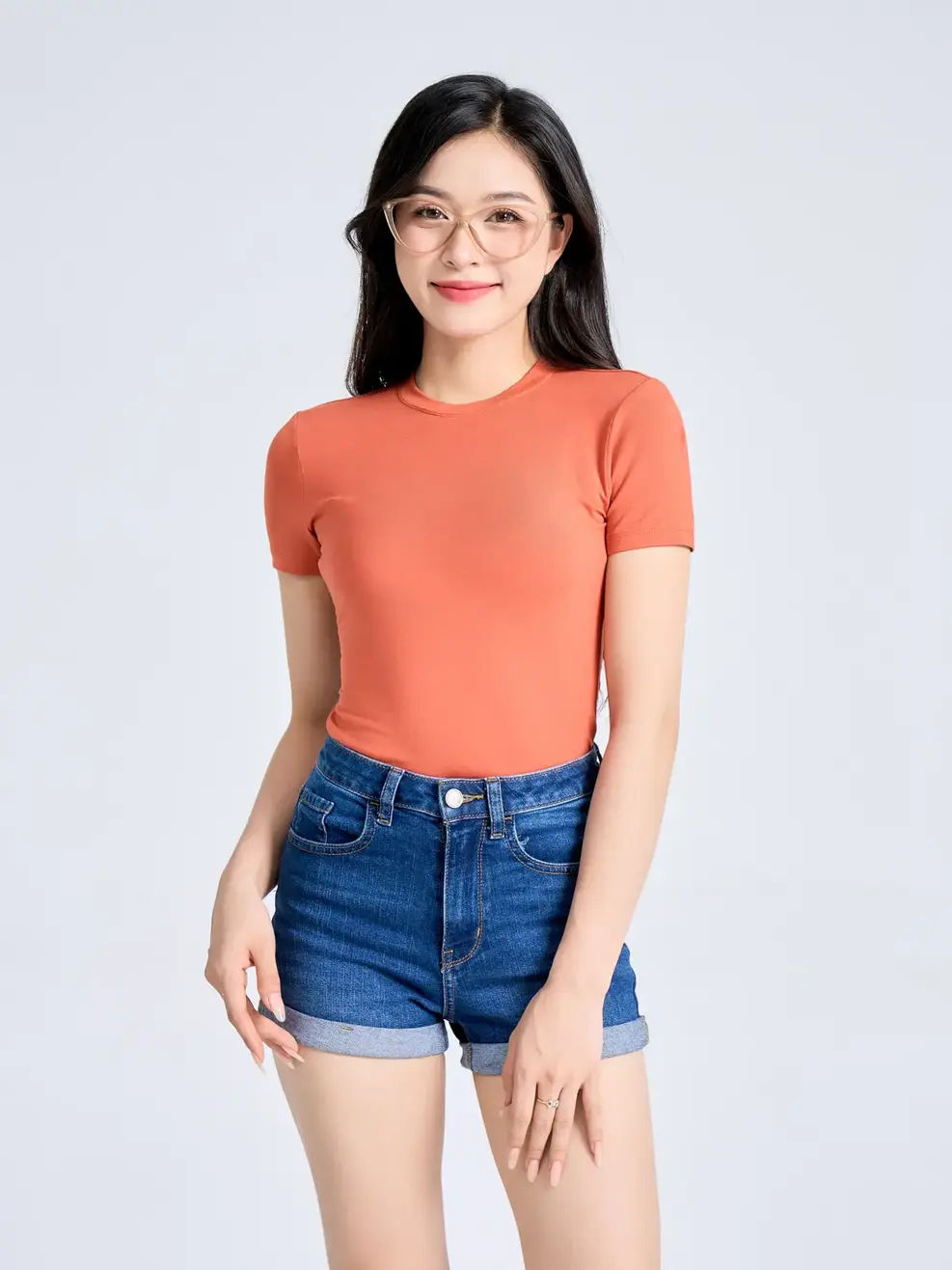 T-shirt Nữ Ôm Cổ Cao - Cam - S