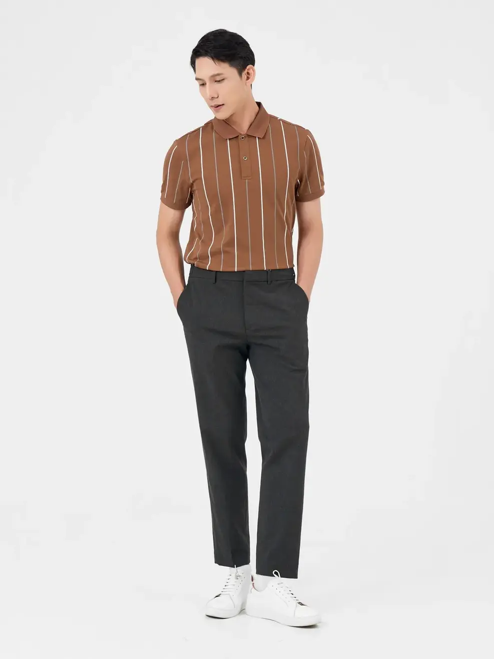 Áo Polo Nam Mắt Chim In Tràn Kẻ Hai Màu - Nâu - M