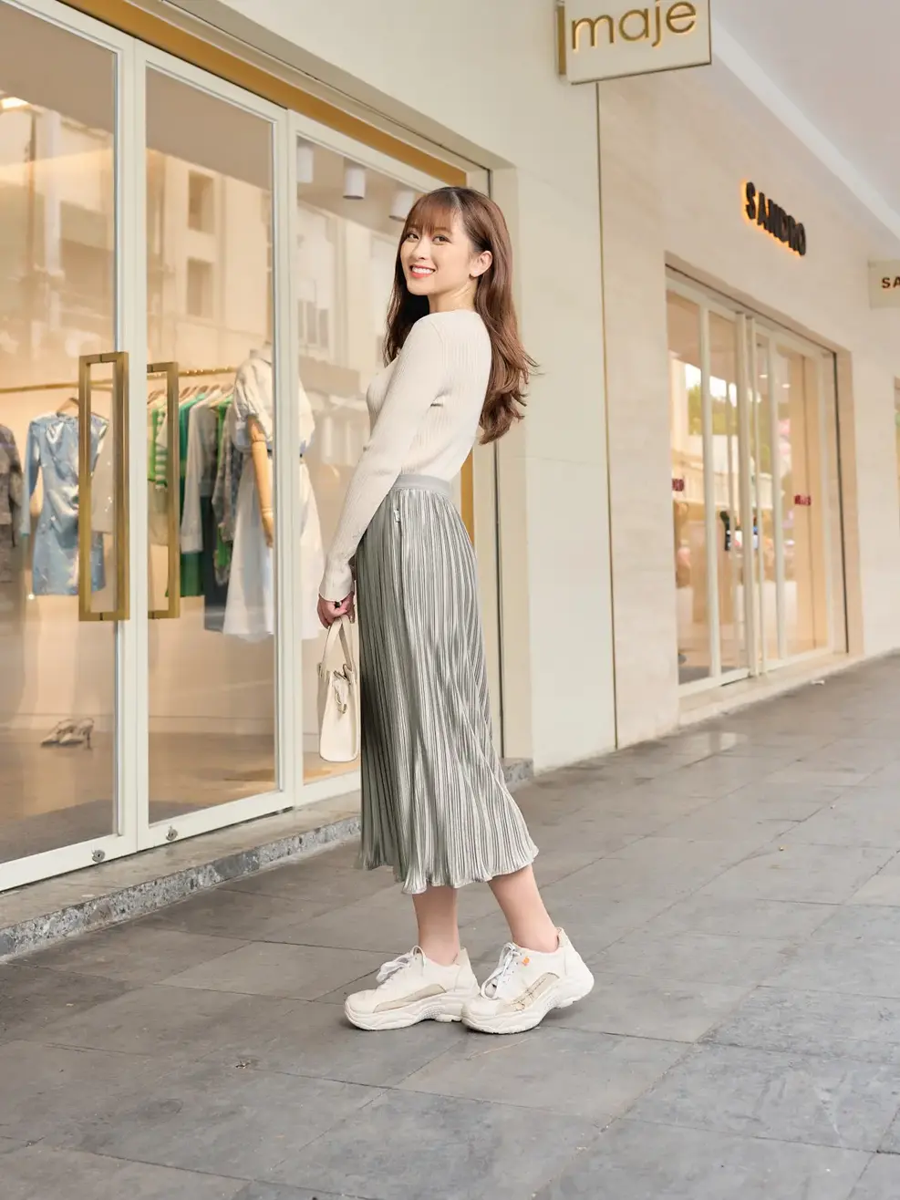 Chân váy dập ly chun cạp dáng dài - Xám - S
