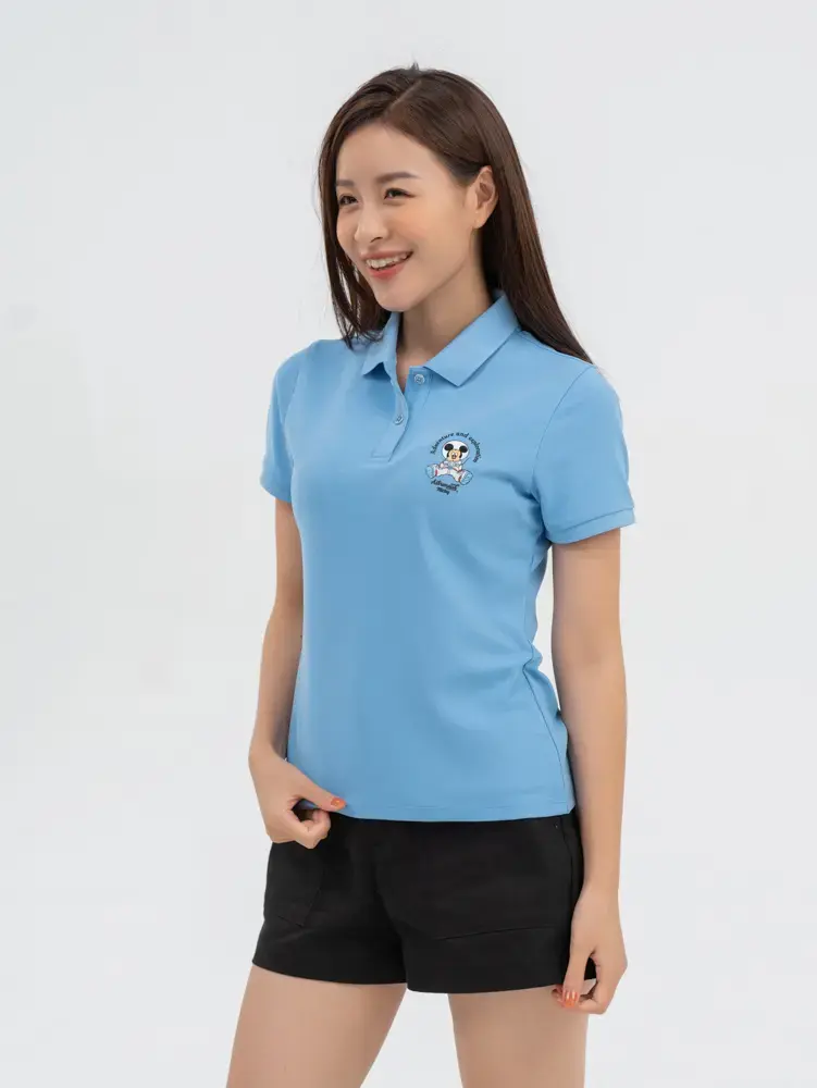 Polo Nữ Cafe Dệt Tổ Ong Mickey In Ngực - Xanh lơ - S
