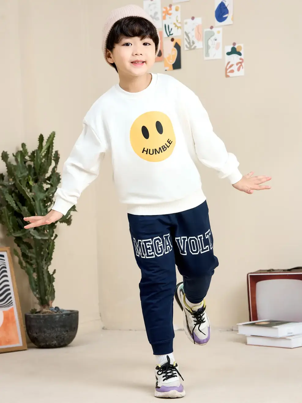 Bộ đồ kid in mặt cười - Trắng phối navy. - 2