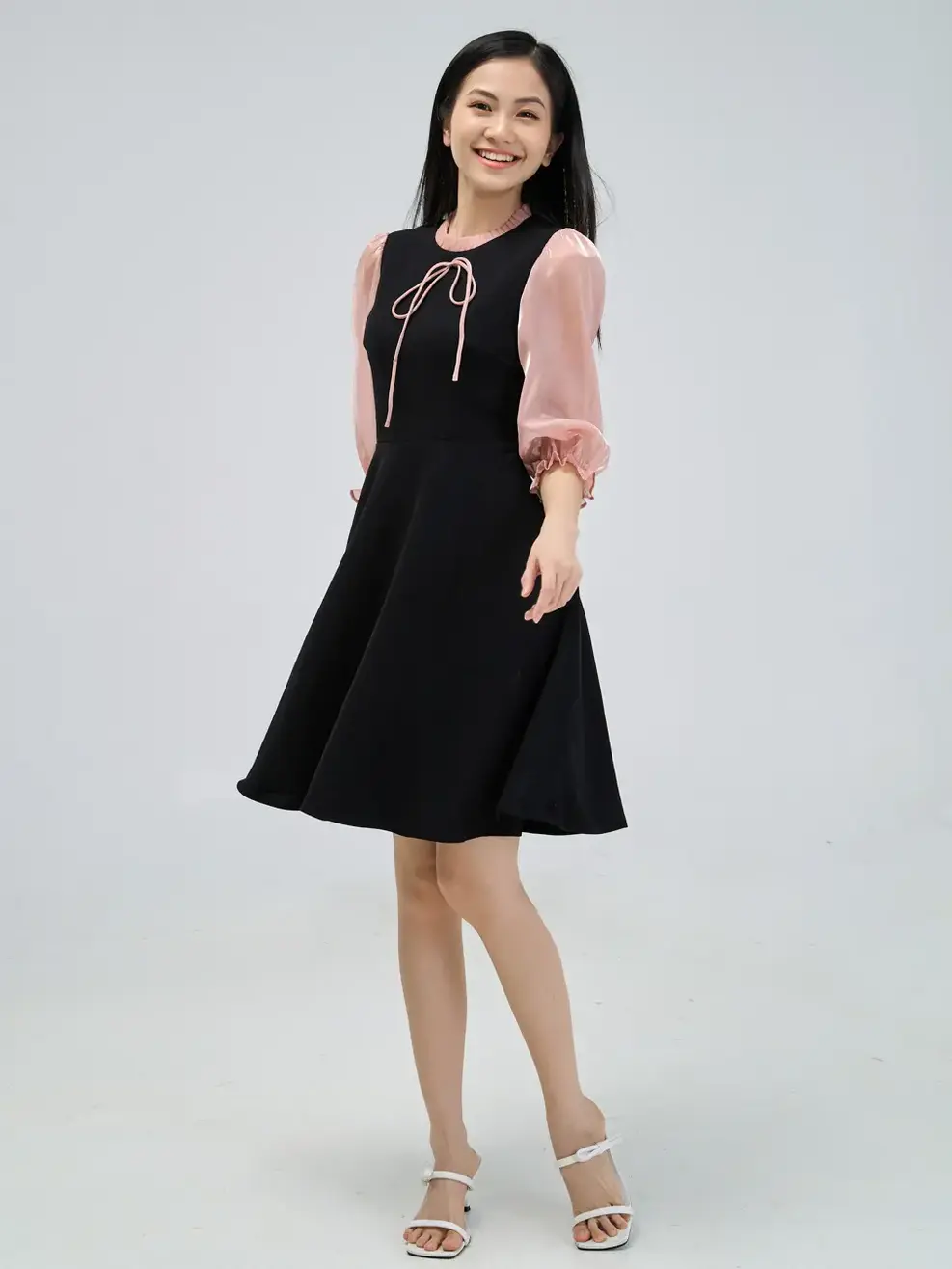 Đầm xòe phối tay - Cam - S