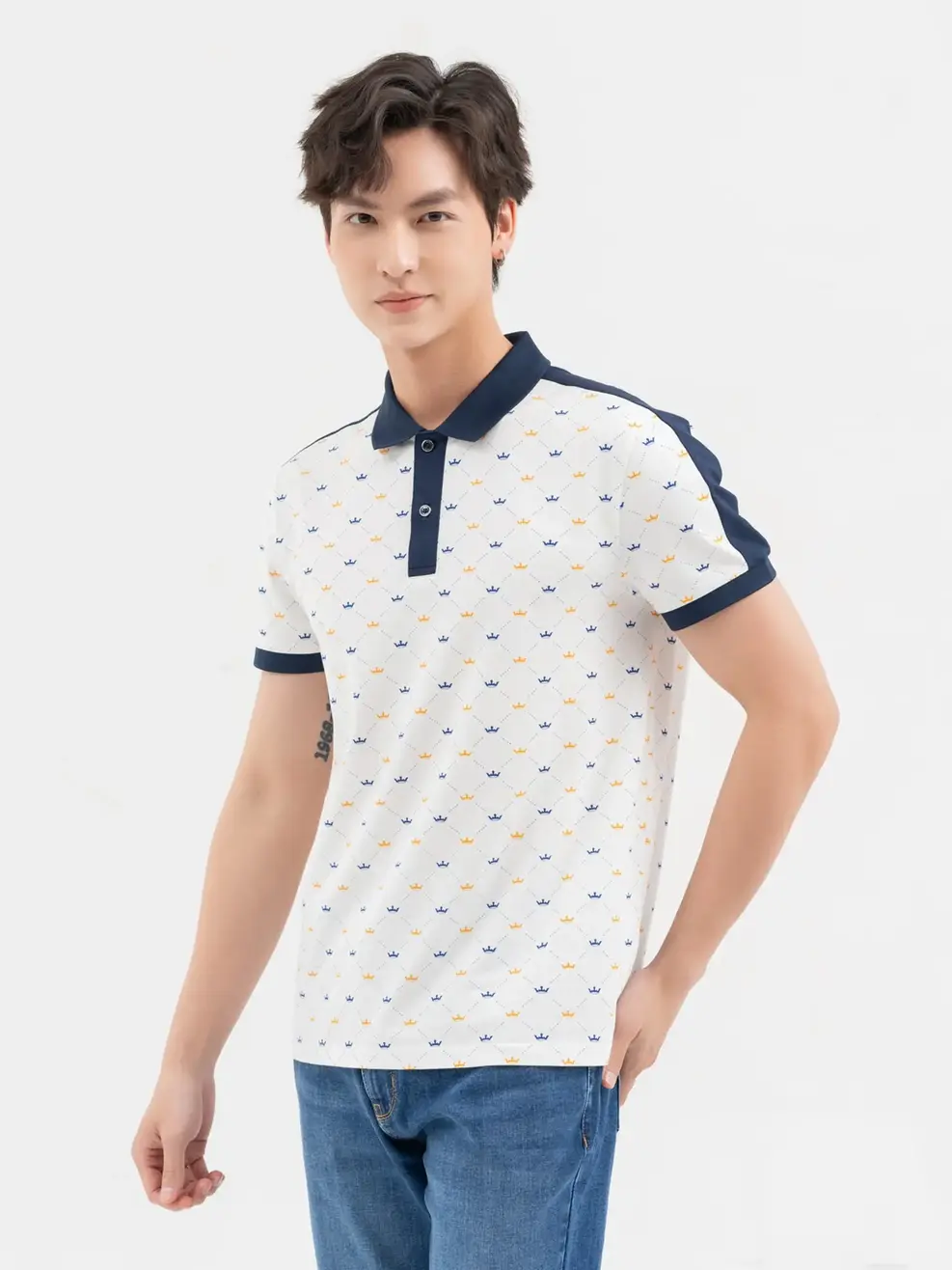 Áo Polo Nam In Vương Miện - Trắng phối navy - M