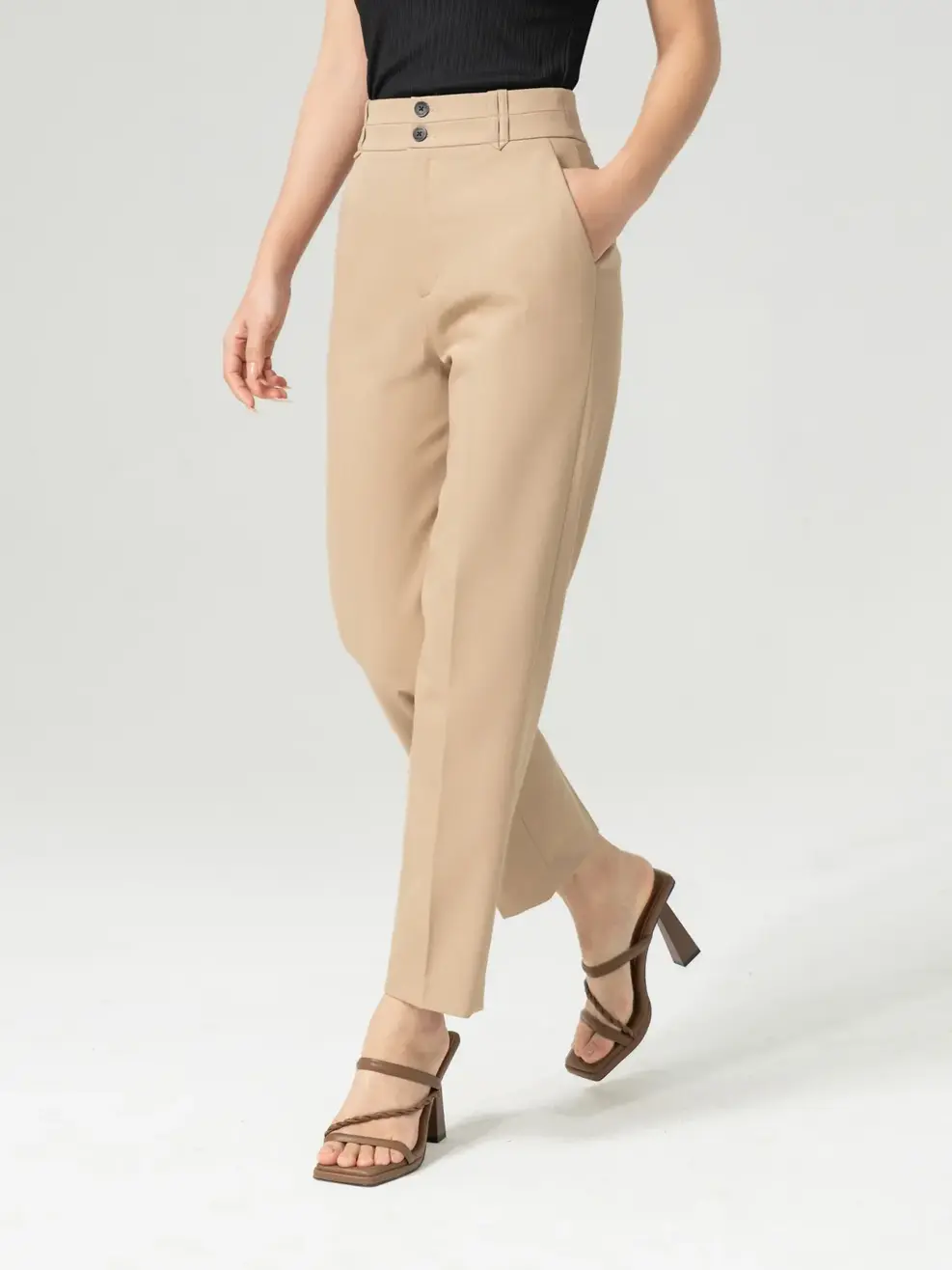 Quần Tây Nữ Cạp Kép Đỉa Trang Trí - Nâu be - M