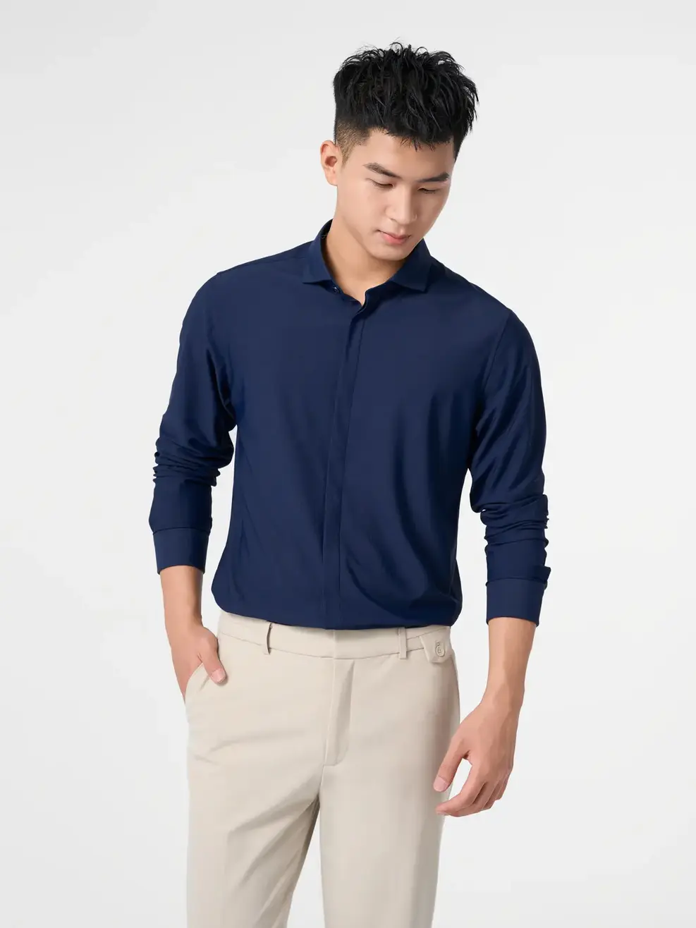 Sơ Mi Dài Tay Nam Knit Tay Kiểu - Tím than - M