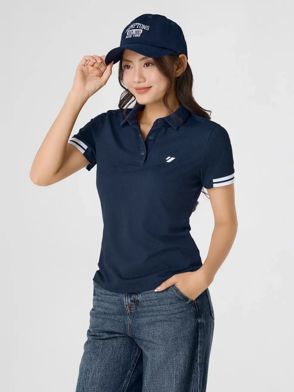 Áo Polo Nữ Thể Thao Phối Bo Tay - Navy 005 - S