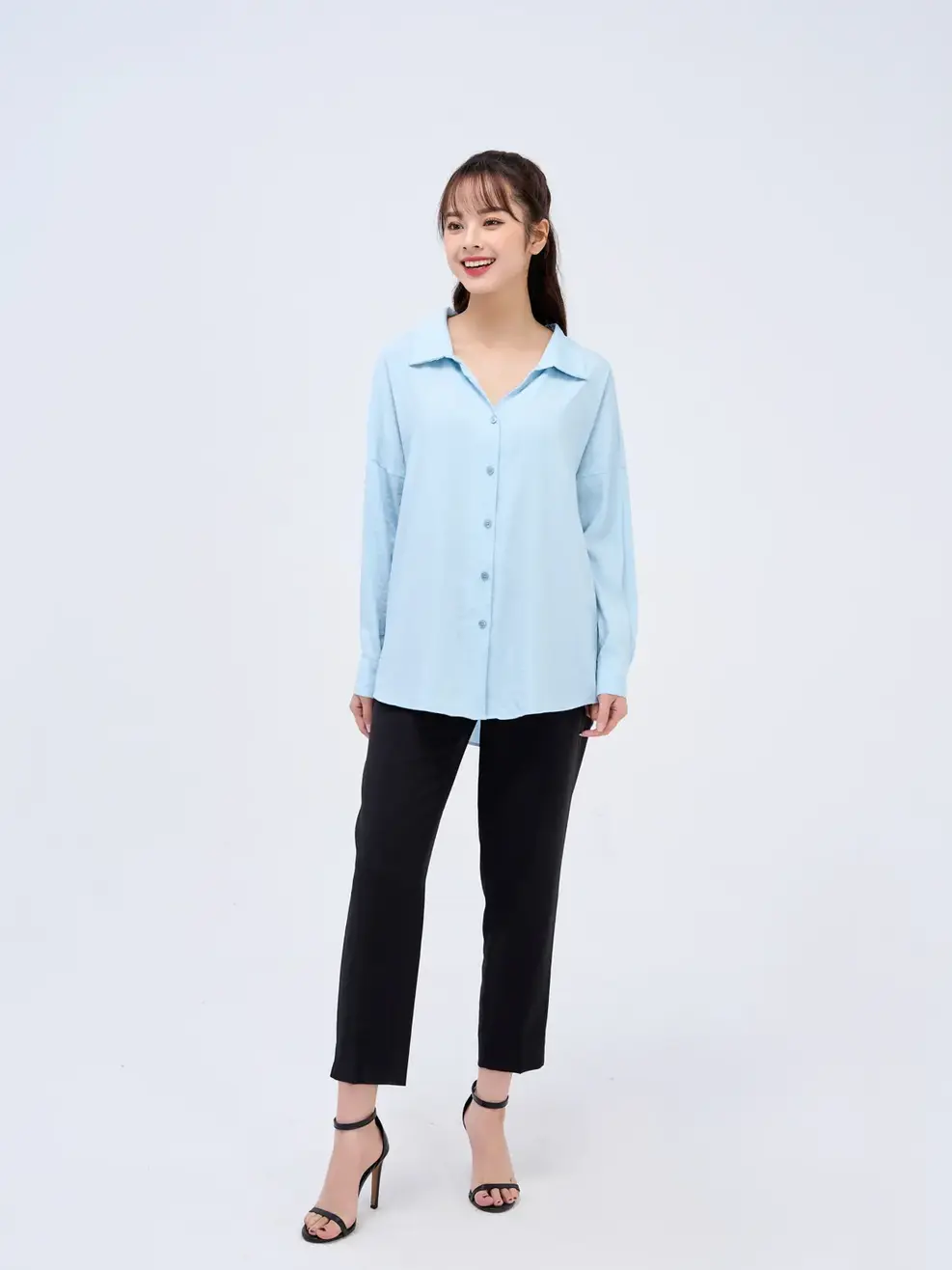 Sơ mi dài tay nữ suông cổ trễ - Xanh - L