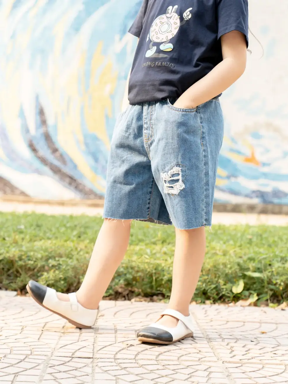 Sooc jeans kid lửng cào rách - Xanh - 10-11