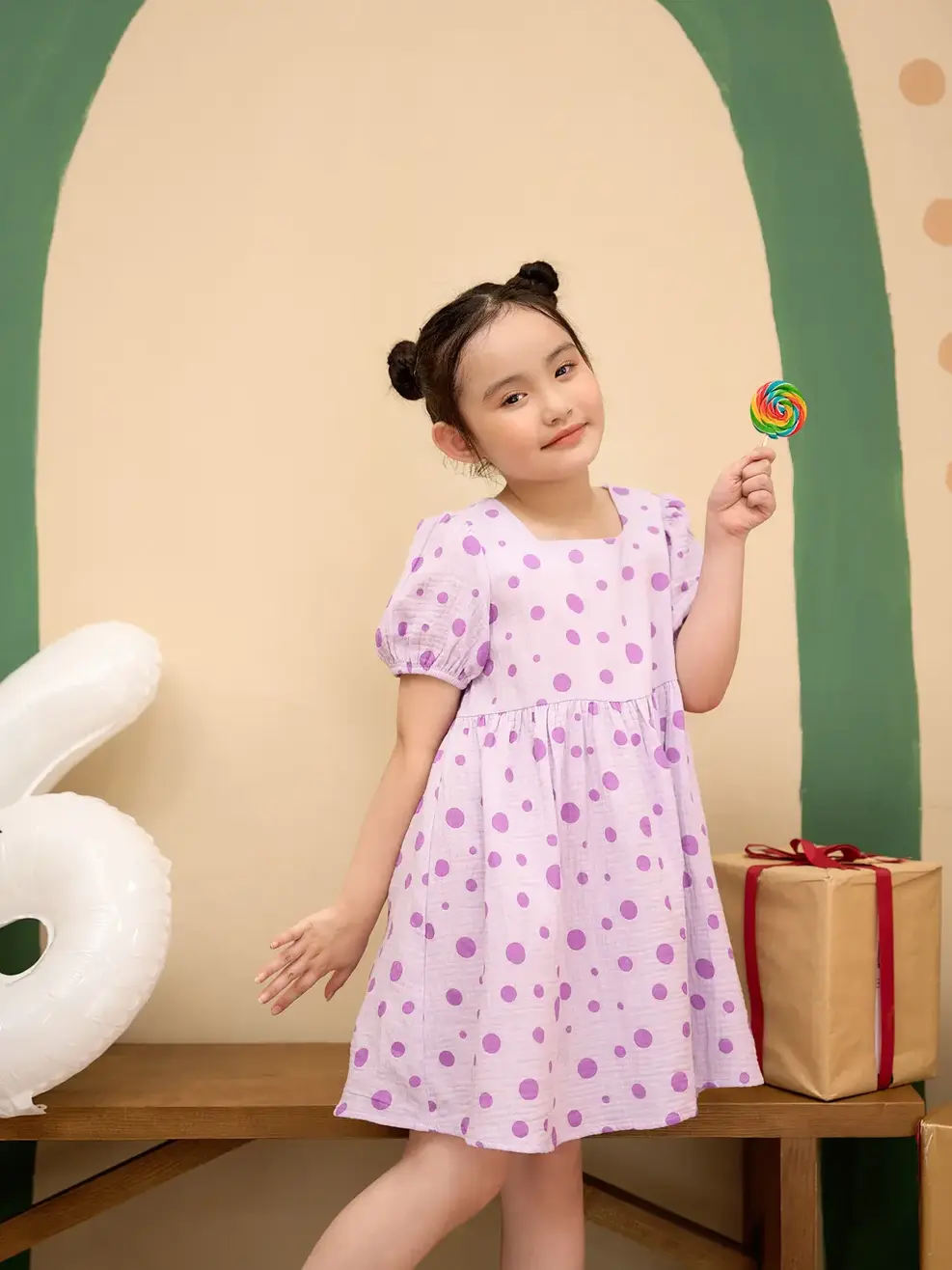Váy kid nữ chấm bi - Tím - 5